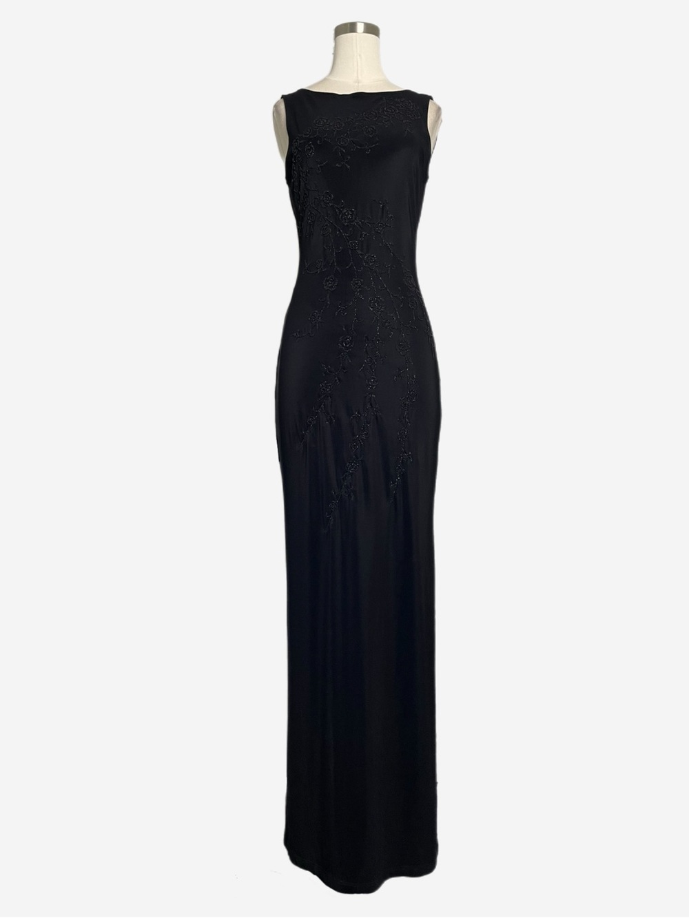 Vintage 90s Per Seption Black floral beaded maxi dress formal stretch XS/S - Picture 2 of 12